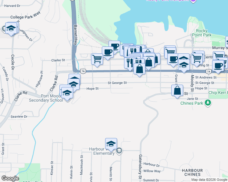 map of restaurants, bars, coffee shops, grocery stores, and more near 2304 Henry Street in Port Moody