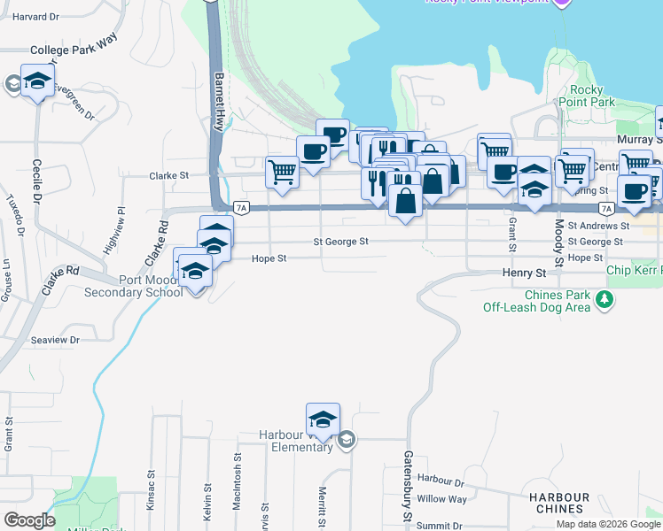 map of restaurants, bars, coffee shops, grocery stores, and more near 2304 Henry Street in Port Moody