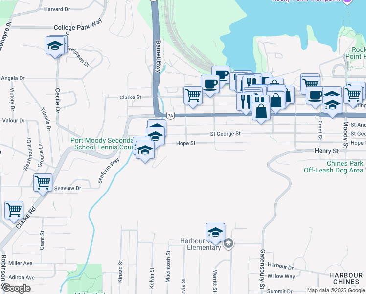 map of restaurants, bars, coffee shops, grocery stores, and more near 2133 Hope Street in Port Moody