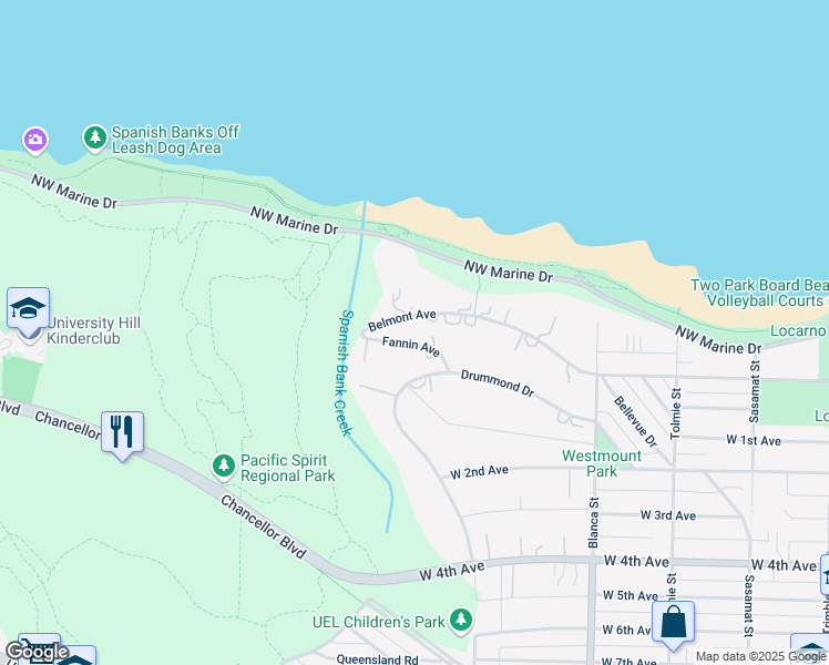map of restaurants, bars, coffee shops, grocery stores, and more near 4868 Belmont Avenue in Vancouver