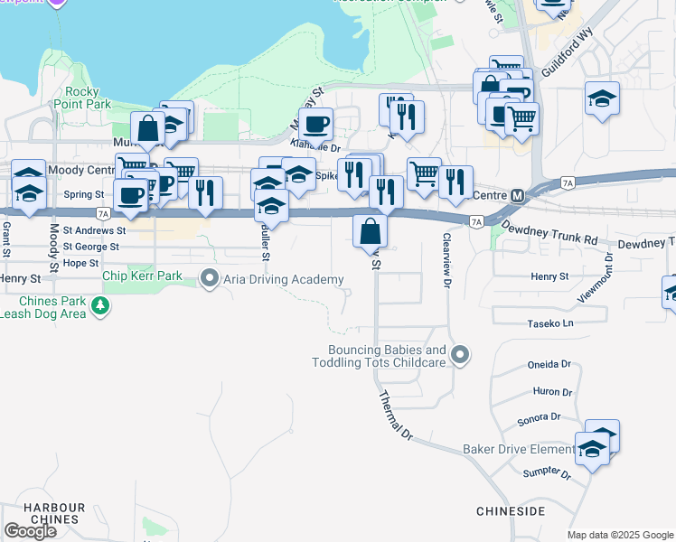 map of restaurants, bars, coffee shops, grocery stores, and more near 150 James Road in Port Moody