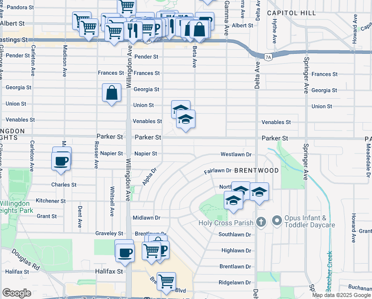 map of restaurants, bars, coffee shops, grocery stores, and more near 4661 Napier Street in Burnaby