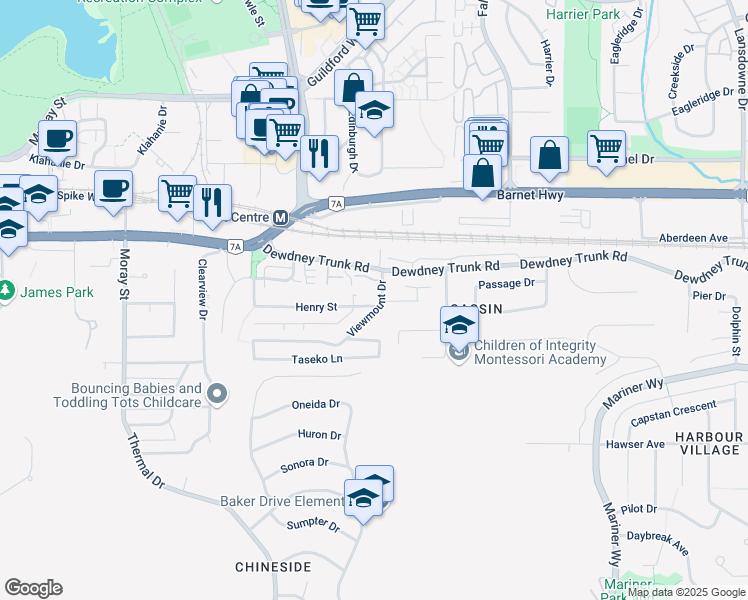 map of restaurants, bars, coffee shops, grocery stores, and more near 3370 Viewmount Drive in Port Moody