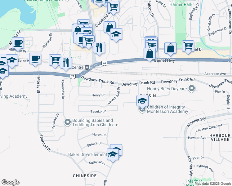 map of restaurants, bars, coffee shops, grocery stores, and more near 3370 Viewmount Drive in Port Moody