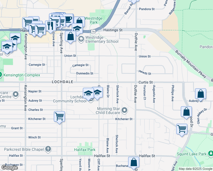 map of restaurants, bars, coffee shops, grocery stores, and more near in Burnaby