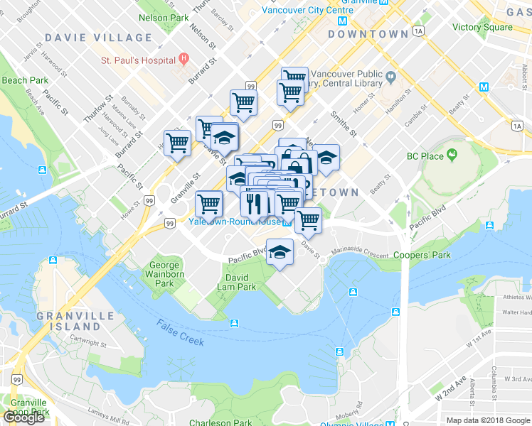 map of restaurants, bars, coffee shops, grocery stores, and more near 1226 Homer Street in Vancouver