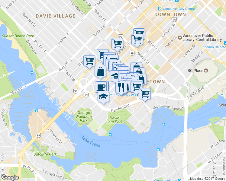 map of restaurants, bars, coffee shops, grocery stores, and more near in Vancouver