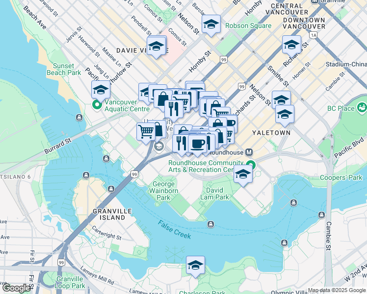 map of restaurants, bars, coffee shops, grocery stores, and more near 1348 Granville Street in Vancouver