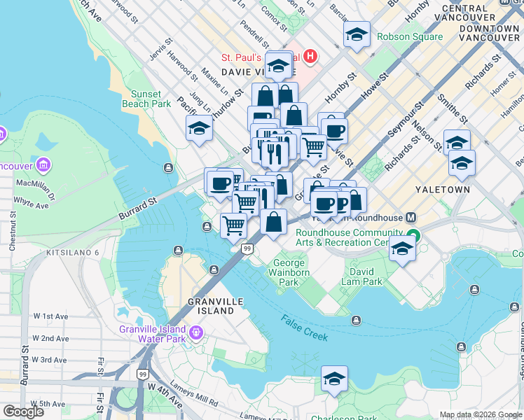 map of restaurants, bars, coffee shops, grocery stores, and more near in Vancouver