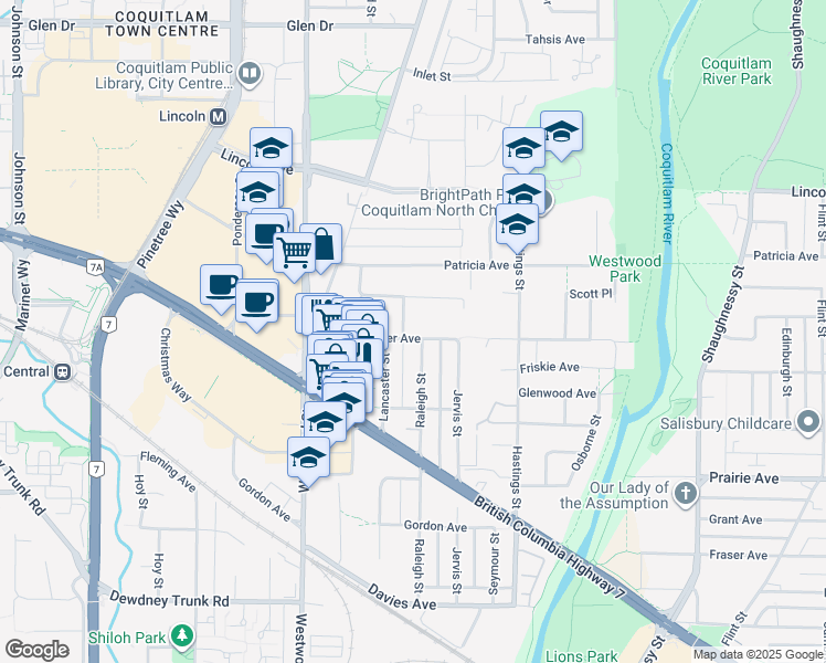 map of restaurants, bars, coffee shops, grocery stores, and more near 3510 Clayton Street in Port Coquitlam