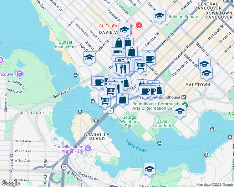 map of restaurants, bars, coffee shops, grocery stores, and more near 1480 Howe Street in Vancouver