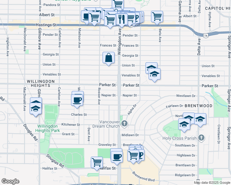 map of restaurants, bars, coffee shops, grocery stores, and more near 4487 Napier Street in Burnaby