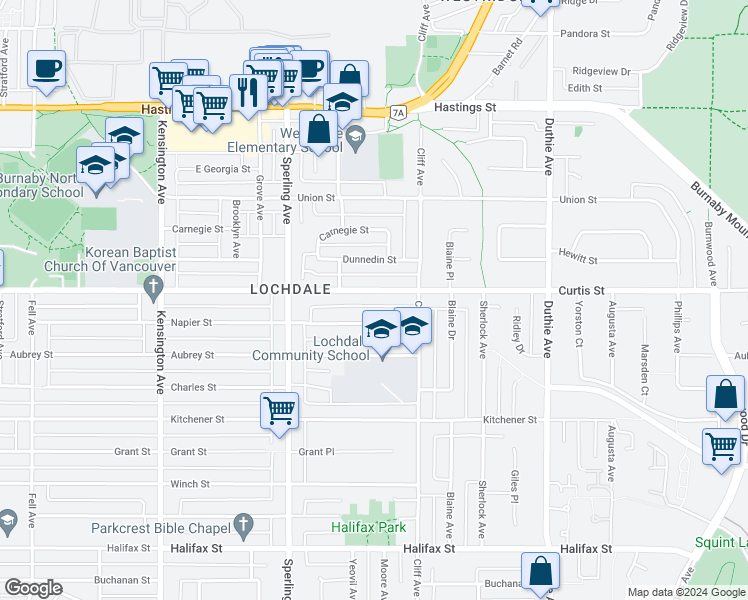 map of restaurants, bars, coffee shops, grocery stores, and more near 6920 Curtis Street in Burnaby