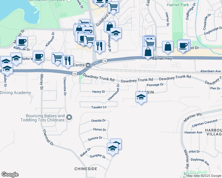 map of restaurants, bars, coffee shops, grocery stores, and more near 3360 Henry Street in Port Moody