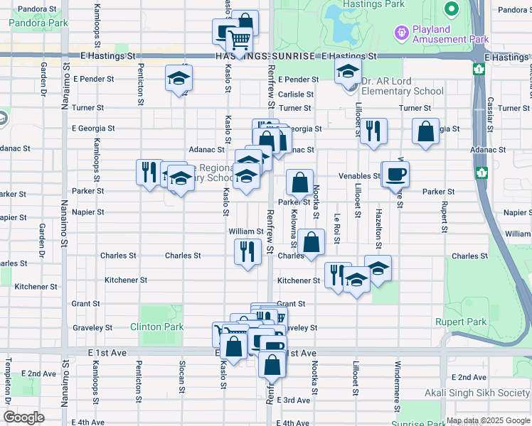 map of restaurants, bars, coffee shops, grocery stores, and more near 1135 Renfrew Street in Vancouver