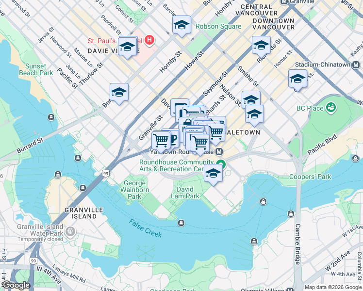 map of restaurants, bars, coffee shops, grocery stores, and more near 1240 Richards Street in Vancouver