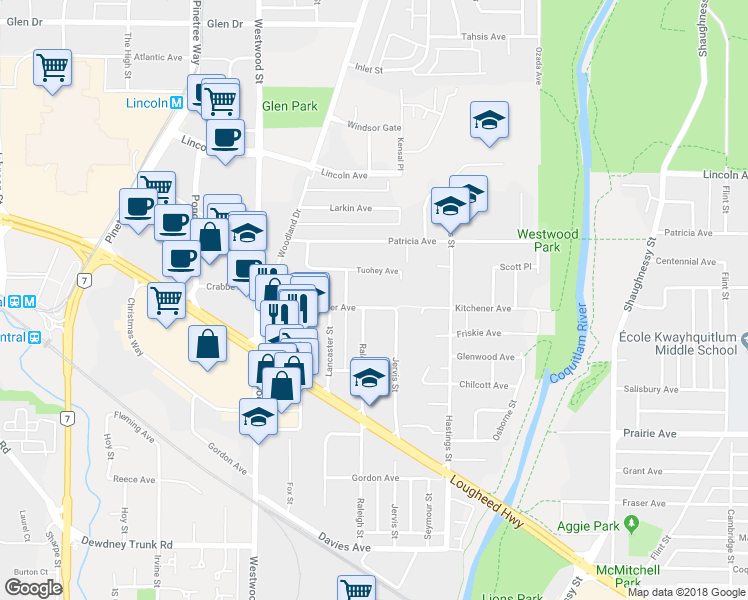 map of restaurants, bars, coffee shops, grocery stores, and more near 2587 Kitchener Avenue in Port Coquitlam