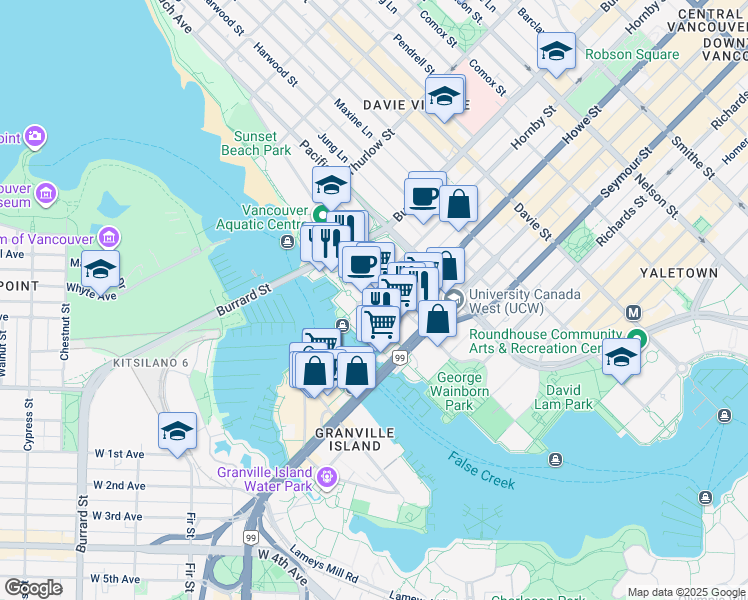 map of restaurants, bars, coffee shops, grocery stores, and more near 1501 Howe Street in Vancouver