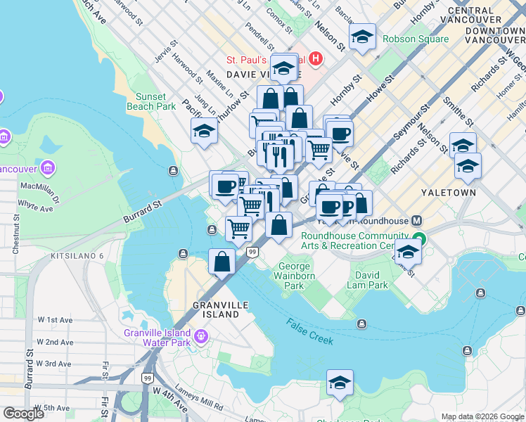 map of restaurants, bars, coffee shops, grocery stores, and more near 1480 Howe Street in Vancouver