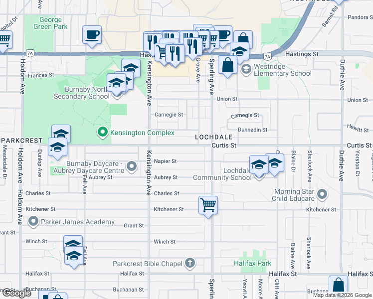 map of restaurants, bars, coffee shops, grocery stores, and more near 6622 Curtis Street in Burnaby