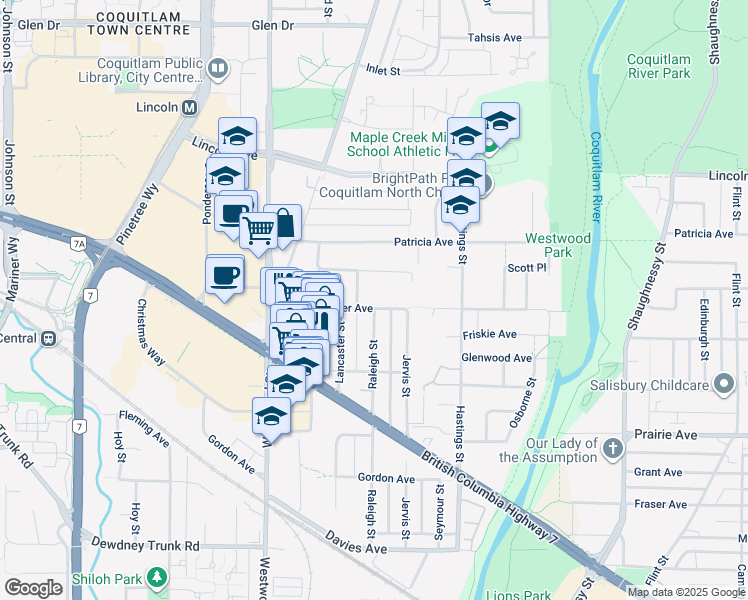 map of restaurants, bars, coffee shops, grocery stores, and more near 2615 Kitchener Avenue in Port Coquitlam
