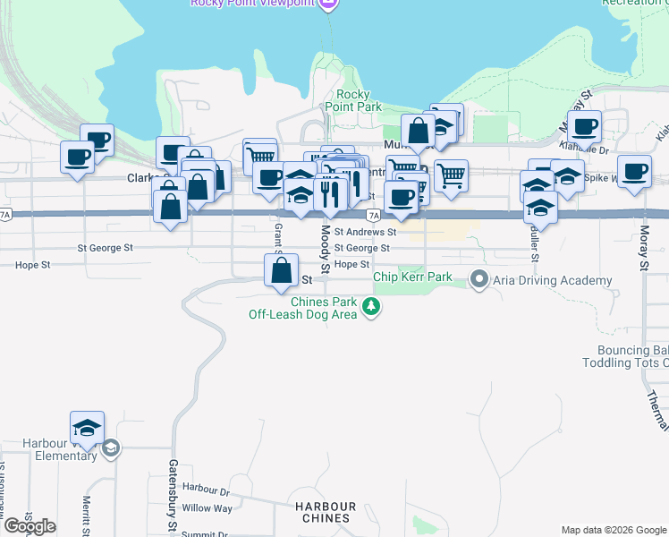 map of restaurants, bars, coffee shops, grocery stores, and more near 140 Moody Street in Port Moody