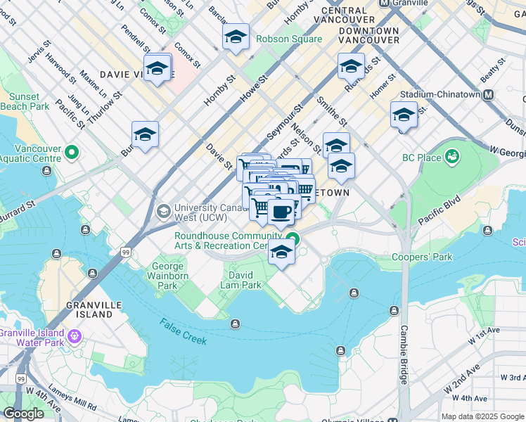 map of restaurants, bars, coffee shops, grocery stores, and more near 1220 Homer Street in Vancouver