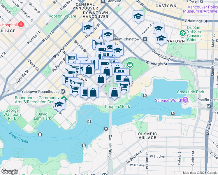 map of restaurants, bars, coffee shops, grocery stores, and more near 89 Nelson Street in Vancouver