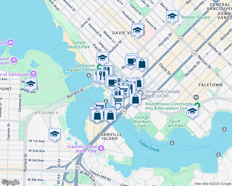 map of restaurants, bars, coffee shops, grocery stores, and more near 1500 Hornby Street in Vancouver