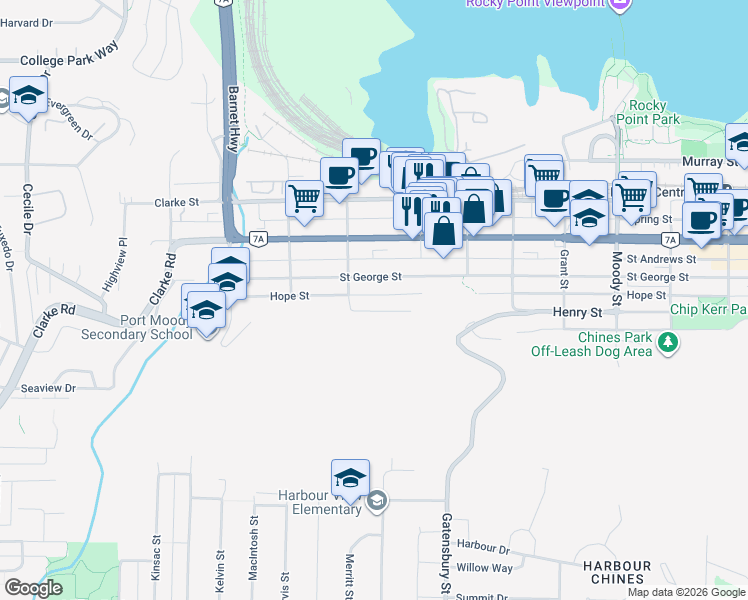 map of restaurants, bars, coffee shops, grocery stores, and more near 2312 Hope Street in Port Moody