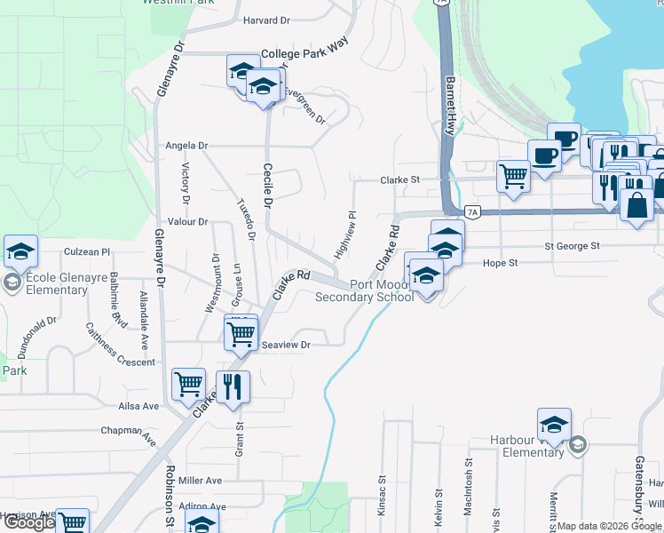 map of restaurants, bars, coffee shops, grocery stores, and more near 1031 Cecile Drive in Port Moody