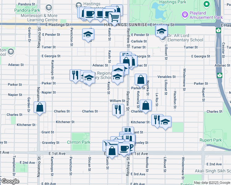 map of restaurants, bars, coffee shops, grocery stores, and more near 1131 Rossland Street in Vancouver