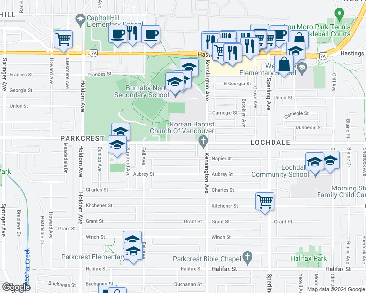 map of restaurants, bars, coffee shops, grocery stores, and more near 6362 Curtis Street in Burnaby