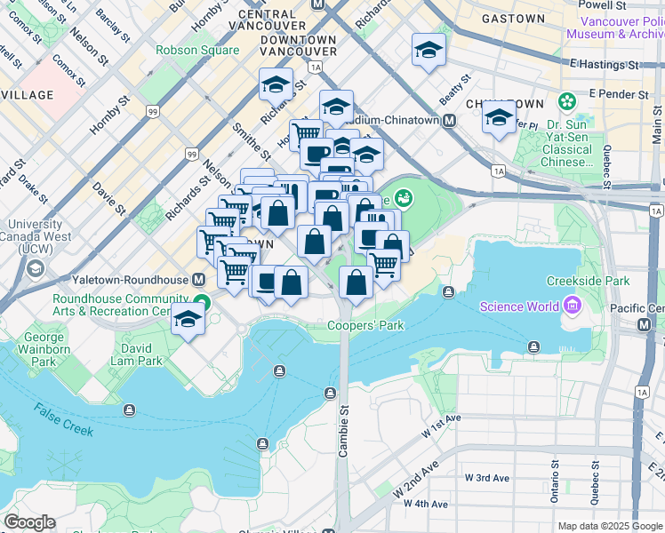 map of restaurants, bars, coffee shops, grocery stores, and more near in Vancouver