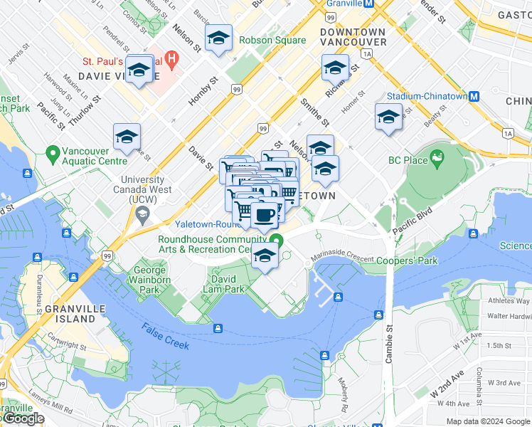 map of restaurants, bars, coffee shops, grocery stores, and more near 1178 Hamilton Street in Vancouver