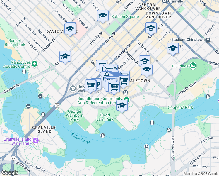 map of restaurants, bars, coffee shops, grocery stores, and more near in Vancouver