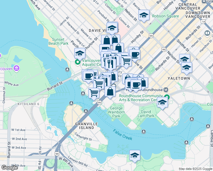 map of restaurants, bars, coffee shops, grocery stores, and more near in Vancouver