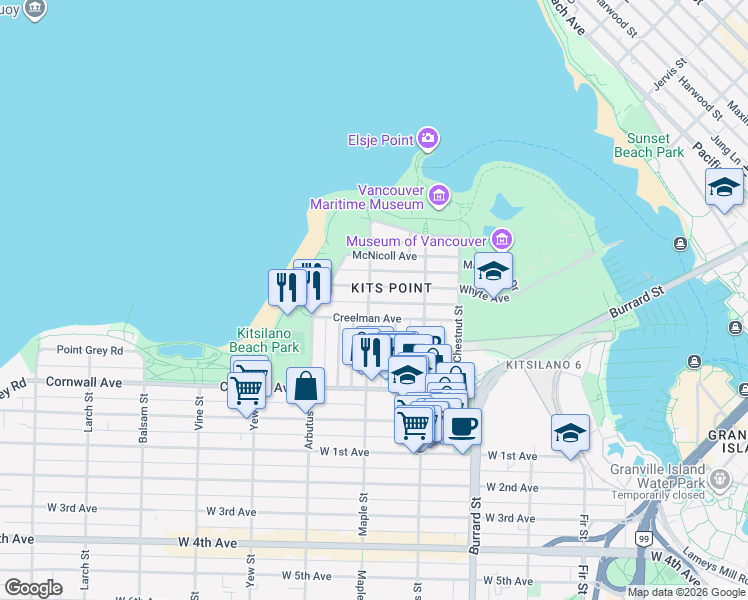 map of restaurants, bars, coffee shops, grocery stores, and more near 1212 Maple Street in Vancouver