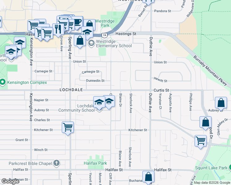 map of restaurants, bars, coffee shops, grocery stores, and more near 7014 Curtis Street in Burnaby