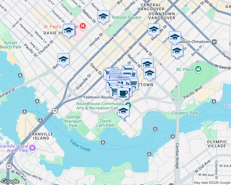 map of restaurants, bars, coffee shops, grocery stores, and more near 1216 Homer Street in Vancouver