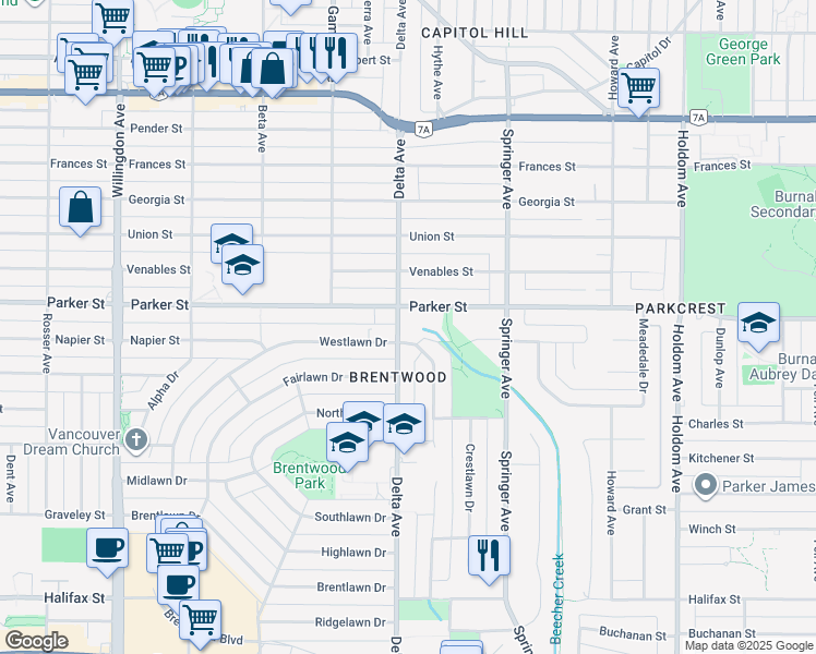 map of restaurants, bars, coffee shops, grocery stores, and more near 1076 Delta Avenue in Burnaby