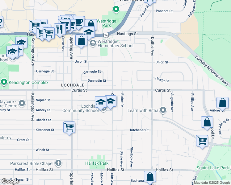 map of restaurants, bars, coffee shops, grocery stores, and more near 7008 Curtis Street in Burnaby