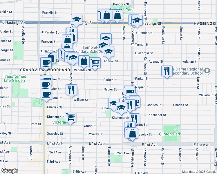 map of restaurants, bars, coffee shops, grocery stores, and more near 2195 Napier Street in Vancouver