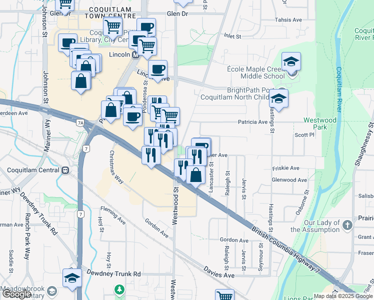 map of restaurants, bars, coffee shops, grocery stores, and more near 2777 Kitchener Avenue in Port Coquitlam