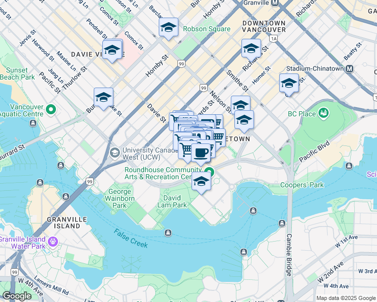 map of restaurants, bars, coffee shops, grocery stores, and more near 1216 Homer Street in Vancouver