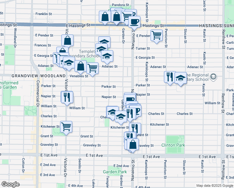 map of restaurants, bars, coffee shops, grocery stores, and more near 2249 Napier Street in Vancouver