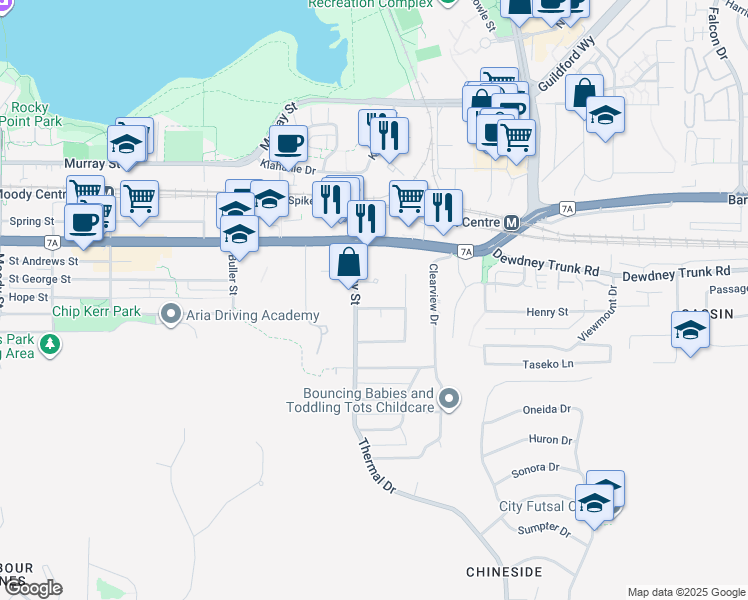 map of restaurants, bars, coffee shops, grocery stores, and more near 3217 Pinda Drive in Port Moody