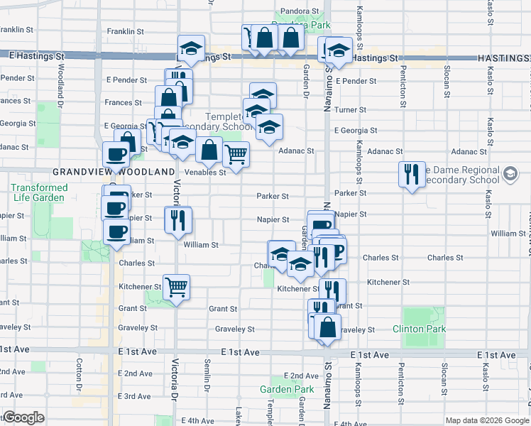 map of restaurants, bars, coffee shops, grocery stores, and more near 2163 Napier Street in Vancouver