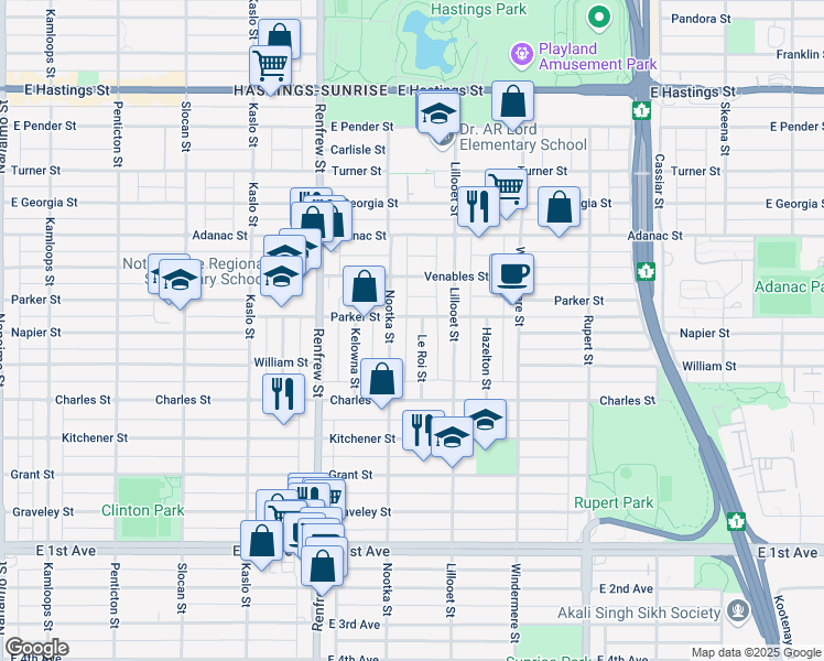 map of restaurants, bars, coffee shops, grocery stores, and more near 1045 Le Roi Street in Vancouver