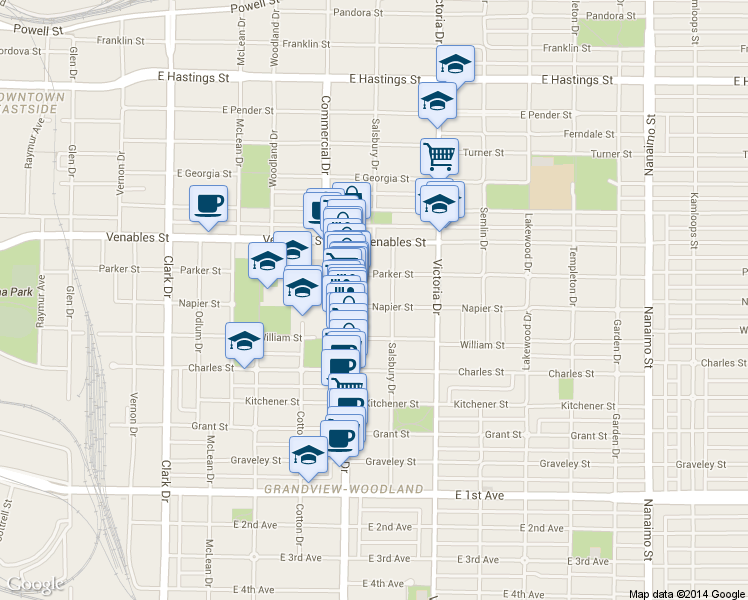 map of restaurants, bars, coffee shops, grocery stores, and more near 1747 Napier Street in Vancouver